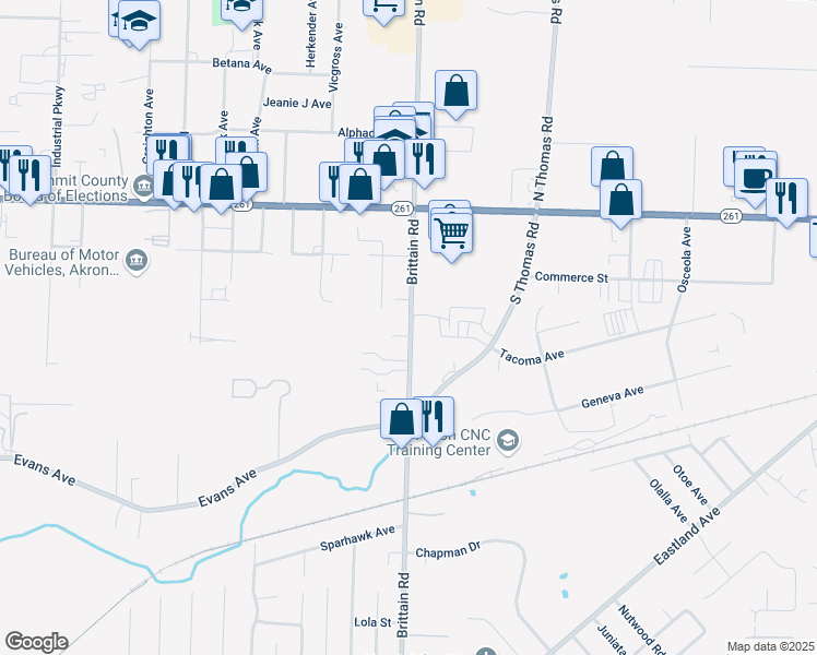 map of restaurants, bars, coffee shops, grocery stores, and more near 1304 Brittain Road in Akron