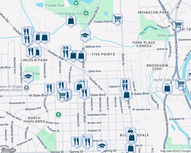 map of restaurants, bars, coffee shops, grocery stores, and more near 718 Irene Ave in Fort Wayne