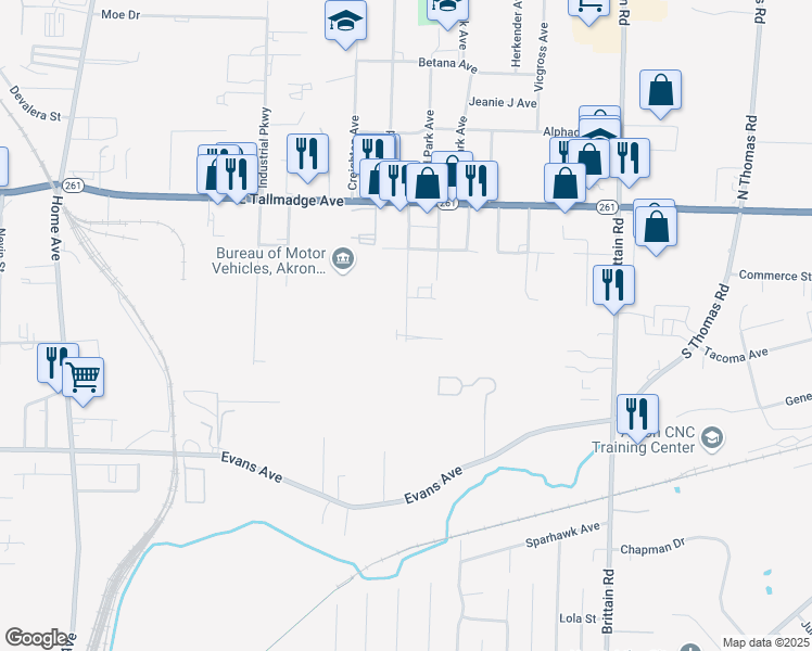 map of restaurants, bars, coffee shops, grocery stores, and more near 1267 Brownstone Avenue in Akron
