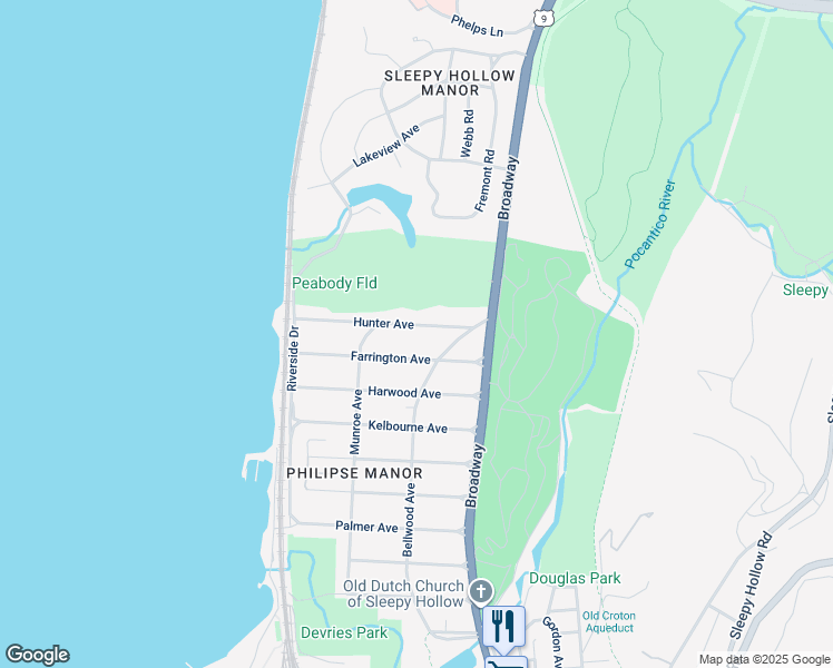 map of restaurants, bars, coffee shops, grocery stores, and more near 148 Hunter Avenue in Sleepy Hollow