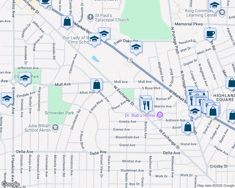 map of restaurants, bars, coffee shops, grocery stores, and more near 197 South Rose Boulevard in Akron