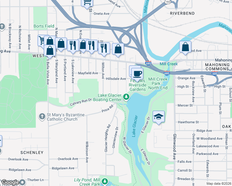 map of restaurants, bars, coffee shops, grocery stores, and more near 154 Halls Heights Avenue in Youngstown