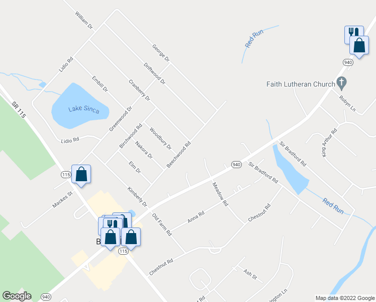 map of restaurants, bars, coffee shops, grocery stores, and more near 5266 Beechwood Road in Blakeslee