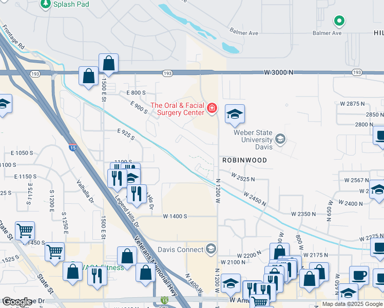 map of restaurants, bars, coffee shops, grocery stores, and more near 1100 South 2000 East in Clearfield