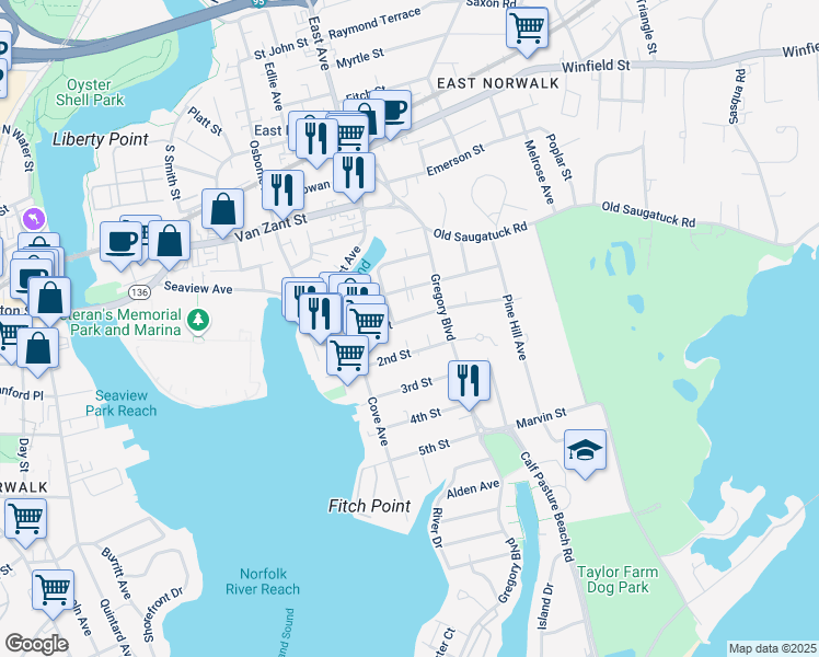 map of restaurants, bars, coffee shops, grocery stores, and more near 40 1st Street in Norwalk
