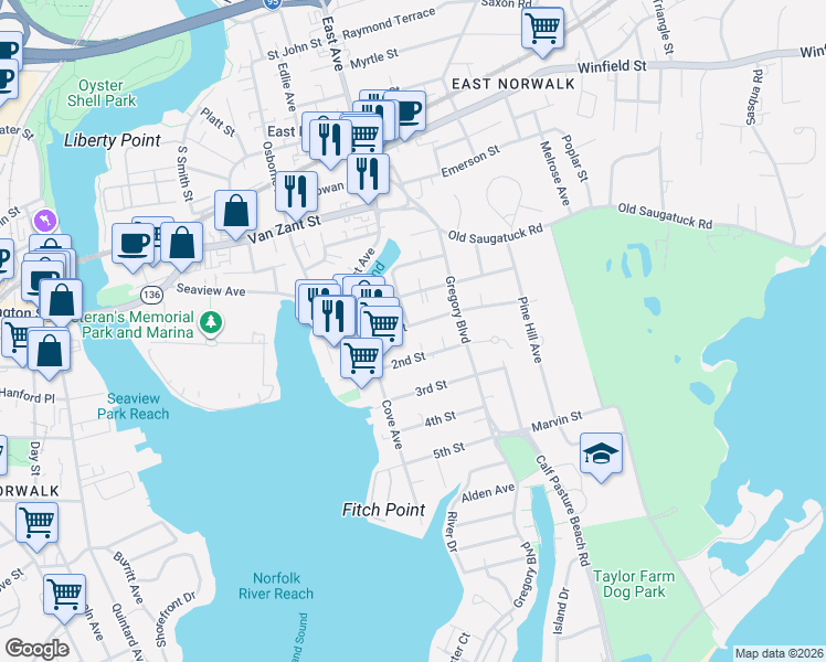 map of restaurants, bars, coffee shops, grocery stores, and more near 40 1st Street in Norwalk