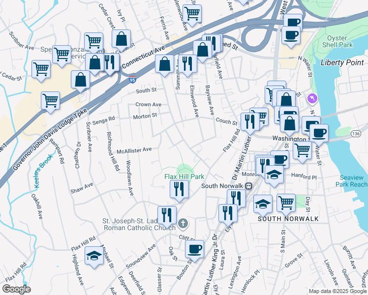 map of restaurants, bars, coffee shops, grocery stores, and more near 32 Taylor Avenue in Norwalk