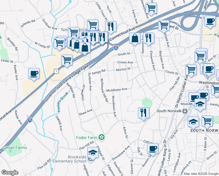 map of restaurants, bars, coffee shops, grocery stores, and more near 36 Avenue D in Norwalk