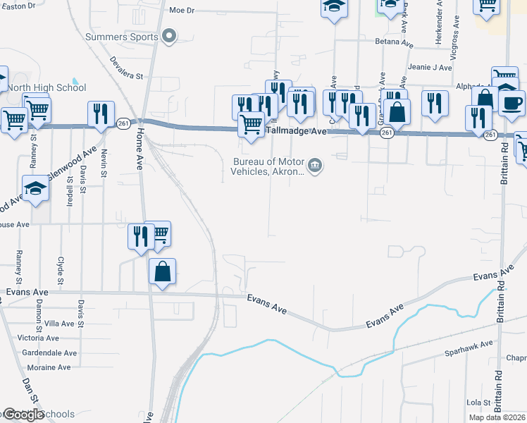 map of restaurants, bars, coffee shops, grocery stores, and more near 1258 Vane Avenue in Akron