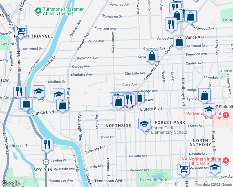 map of restaurants, bars, coffee shops, grocery stores, and more near 1102 Dodge Avenue in Fort Wayne