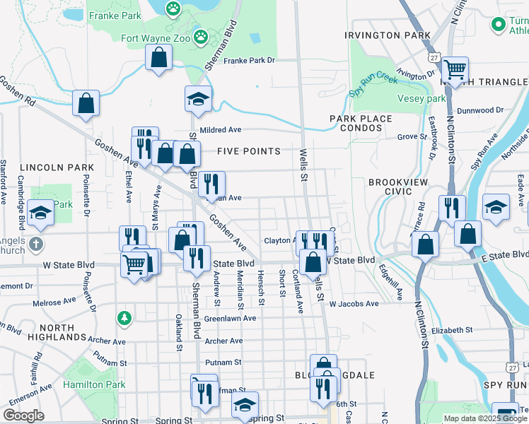 map of restaurants, bars, coffee shops, grocery stores, and more near 2511 Cortland Avenue in Fort Wayne