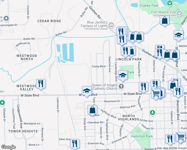 map of restaurants, bars, coffee shops, grocery stores, and more near 2530 Tyler Avenue in Fort Wayne