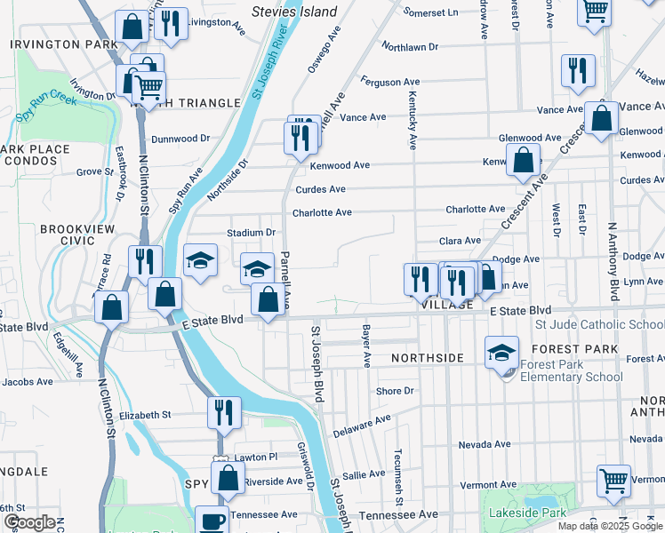 map of restaurants, bars, coffee shops, grocery stores, and more near in Fort Wayne