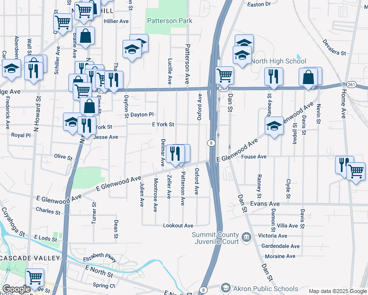map of restaurants, bars, coffee shops, grocery stores, and more near 470 Patterson Avenue in Akron