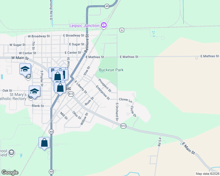 map of restaurants, bars, coffee shops, grocery stores, and more near 611 Prospect Street in Leipsic
