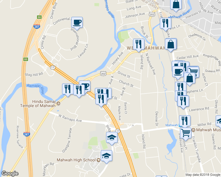 map of restaurants, bars, coffee shops, grocery stores, and more near 21 Avenue A in Mahwah