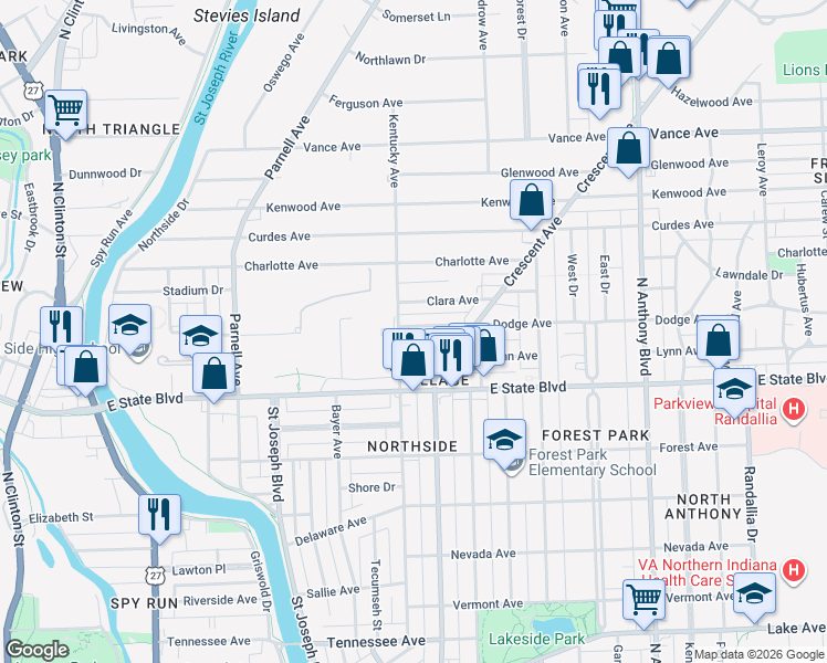 map of restaurants, bars, coffee shops, grocery stores, and more near 1116 Dodge Avenue in Fort Wayne