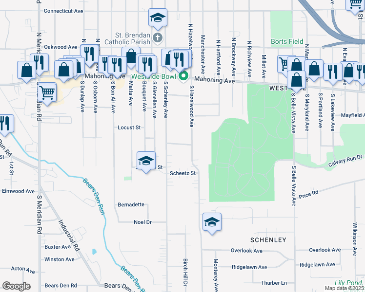 map of restaurants, bars, coffee shops, grocery stores, and more near 2625 Austin Avenue in Youngstown