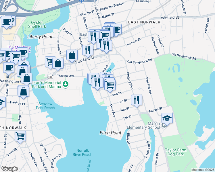 map of restaurants, bars, coffee shops, grocery stores, and more near 23 1st Street in Norwalk
