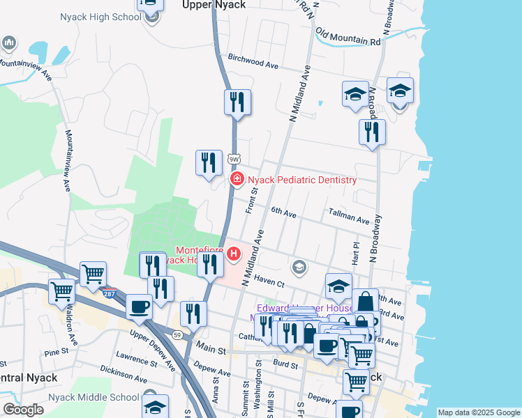 map of restaurants, bars, coffee shops, grocery stores, and more near 246 North Midland Avenue in Nyack