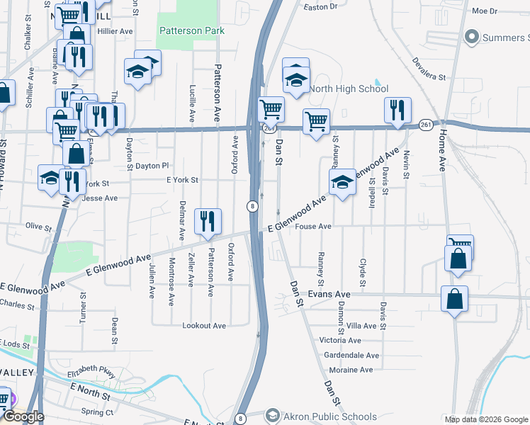map of restaurants, bars, coffee shops, grocery stores, and more near 767 Gorge Boulevard in Akron