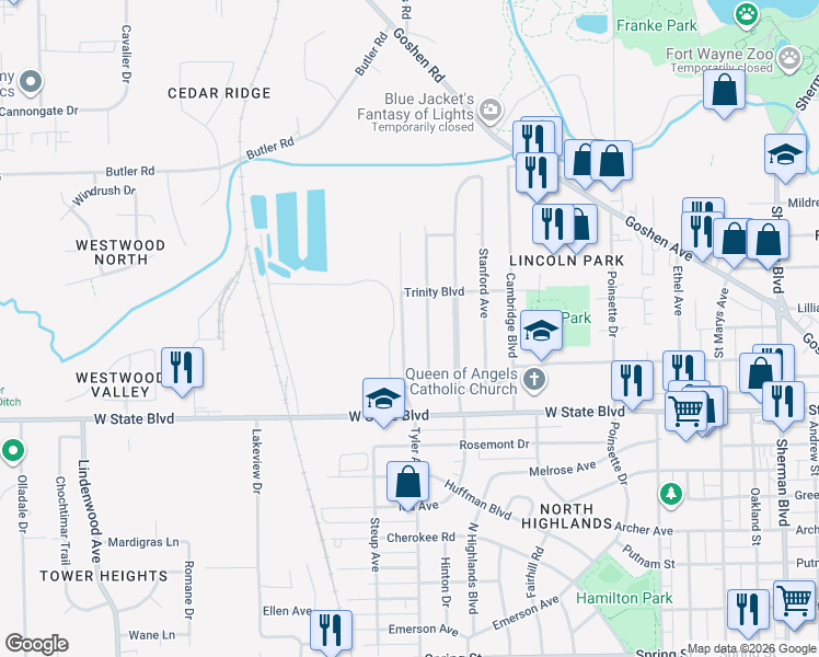 map of restaurants, bars, coffee shops, grocery stores, and more near 2530 Tyler Ave in Fort Wayne
