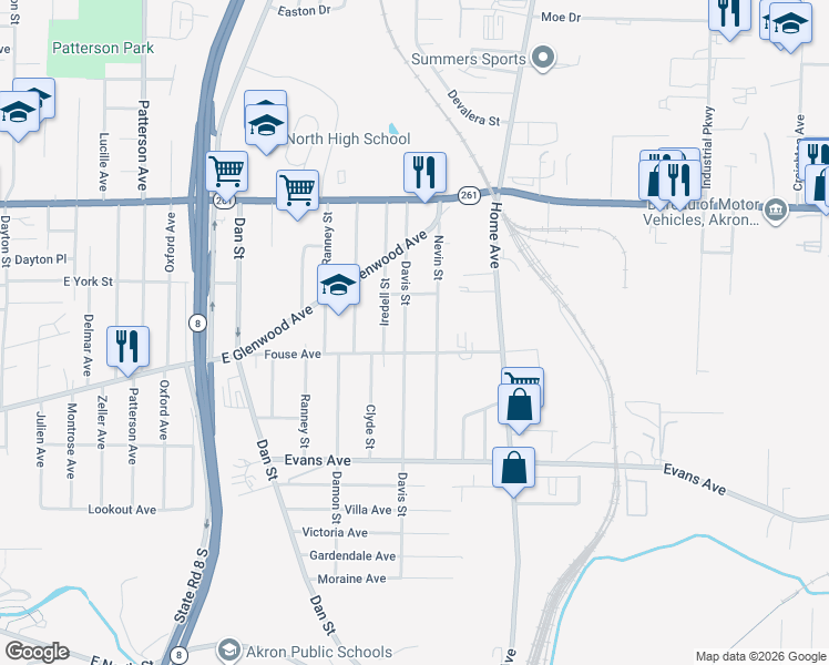 map of restaurants, bars, coffee shops, grocery stores, and more near 889 Davis St in Akron