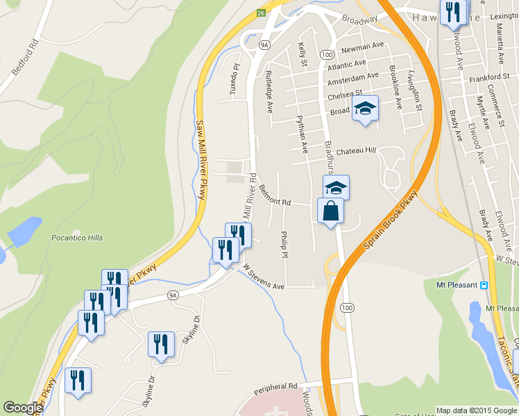 map of restaurants, bars, coffee shops, grocery stores, and more near 168 Saw Mill River Road in Hawthorne