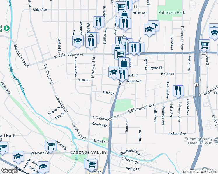 map of restaurants, bars, coffee shops, grocery stores, and more near 68 Mosser Pl in Akron
