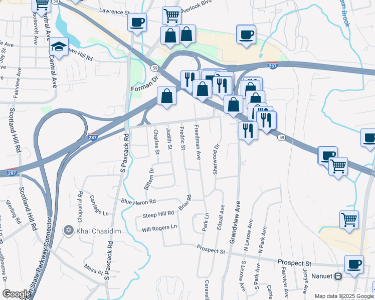 map of restaurants, bars, coffee shops, grocery stores, and more near 26 Fredric Street in Nanuet