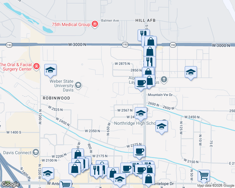 map of restaurants, bars, coffee shops, grocery stores, and more near 122 2750 North in Layton