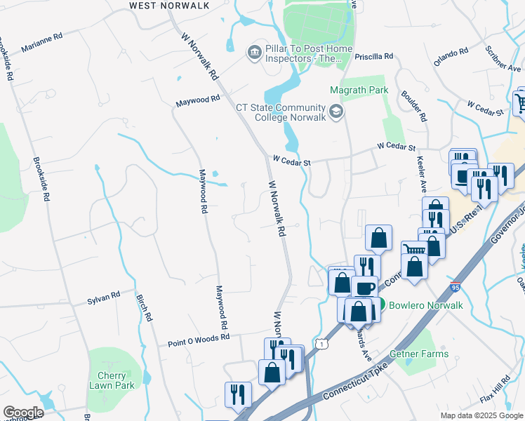 map of restaurants, bars, coffee shops, grocery stores, and more near 9 Powder Horn Road in Norwalk