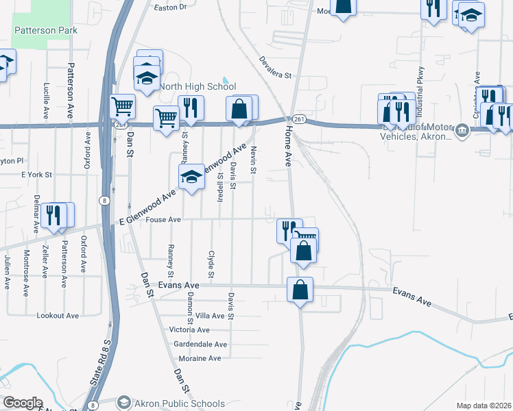 map of restaurants, bars, coffee shops, grocery stores, and more near 925 Nevin Street in Akron