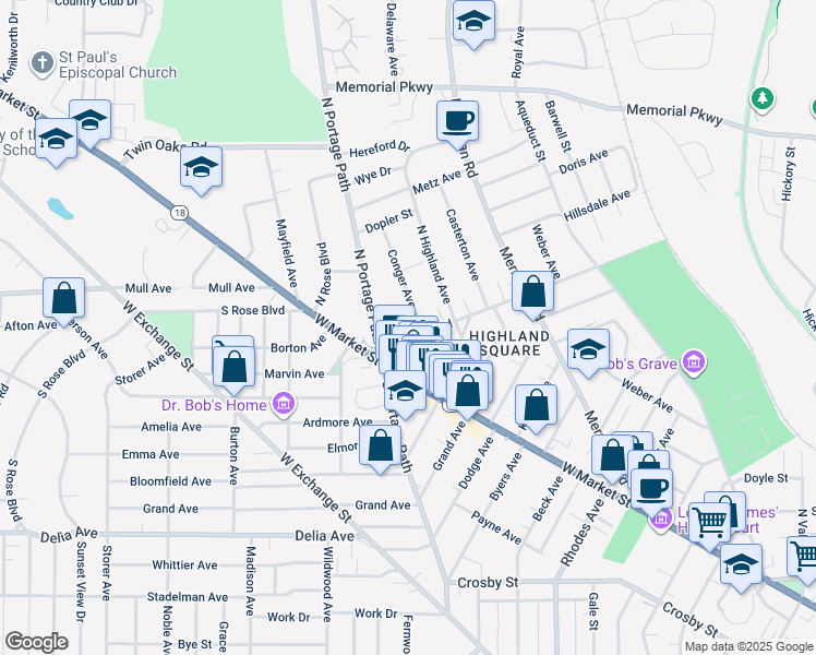 map of restaurants, bars, coffee shops, grocery stores, and more near 39 Edgerton Road in Akron