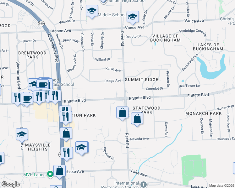 map of restaurants, bars, coffee shops, grocery stores, and more near 2224 Reed Road in Fort Wayne