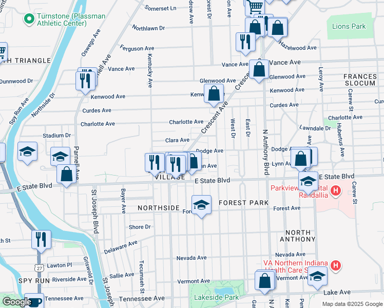 map of restaurants, bars, coffee shops, grocery stores, and more near 1302 Dodge Avenue in Fort Wayne