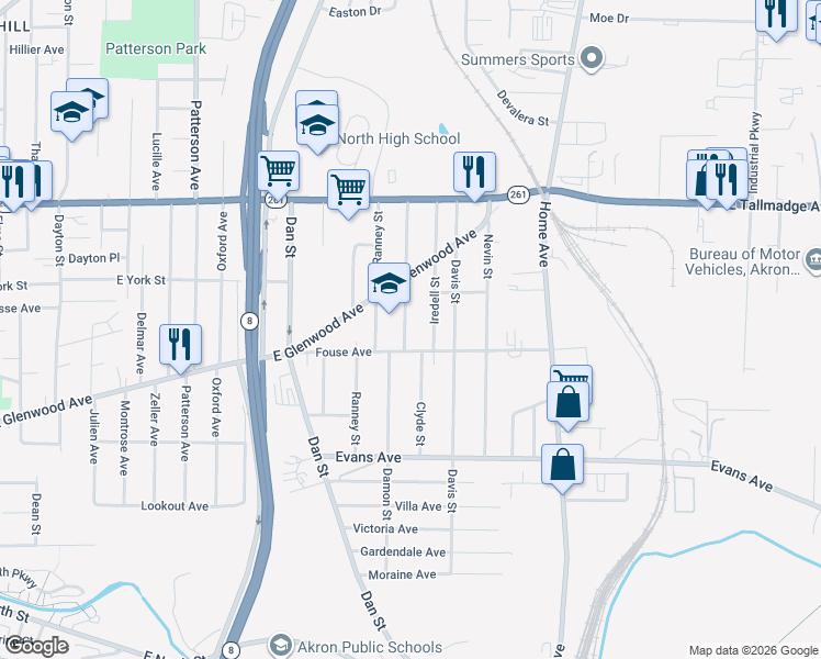 map of restaurants, bars, coffee shops, grocery stores, and more near 821 Damon Street in Akron
