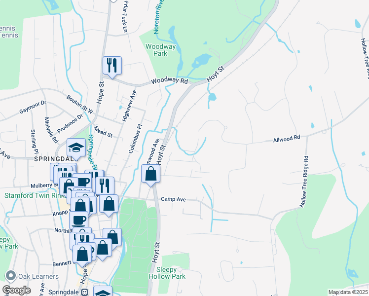 map of restaurants, bars, coffee shops, grocery stores, and more near 44 Kensett Lane in Darien