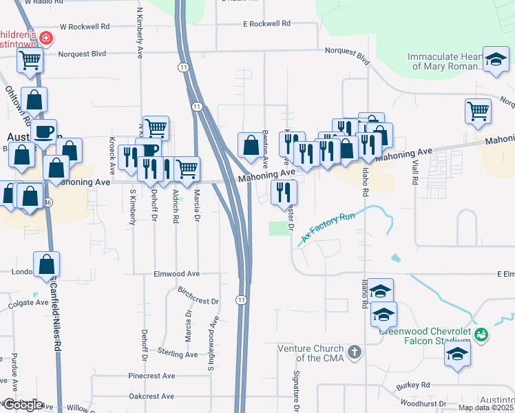 map of restaurants, bars, coffee shops, grocery stores, and more near 5017 Mahoning Avenue in Austintown