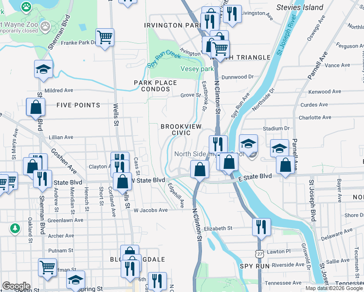 map of restaurants, bars, coffee shops, grocery stores, and more near 2417 Oakridge Road in Fort Wayne