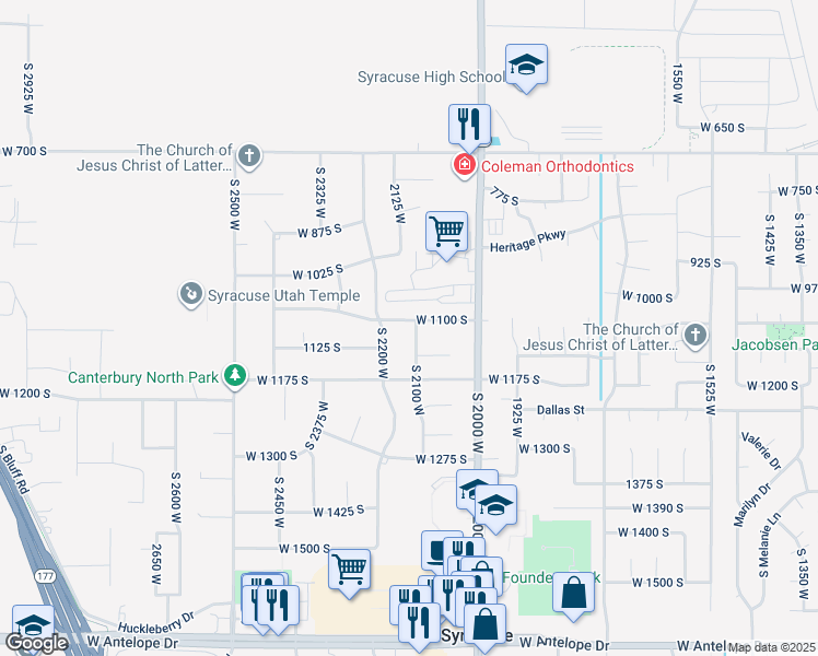 map of restaurants, bars, coffee shops, grocery stores, and more near 1106 South 2100 West in Syracuse
