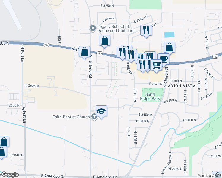 map of restaurants, bars, coffee shops, grocery stores, and more near 2499 North Fairfield Road in Layton