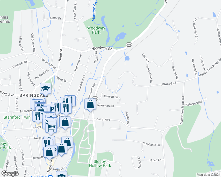 map of restaurants, bars, coffee shops, grocery stores, and more near 44 Kensett Lane in Darien