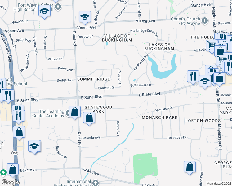 map of restaurants, bars, coffee shops, grocery stores, and more near 5211 East State Boulevard in Fort Wayne