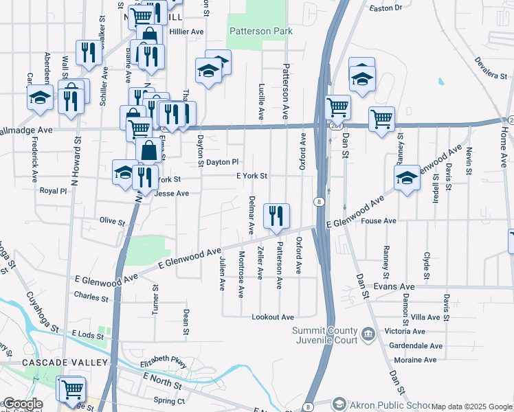 map of restaurants, bars, coffee shops, grocery stores, and more near 471 Delmar Ave in Akron