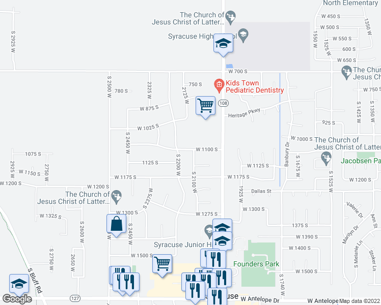 map of restaurants, bars, coffee shops, grocery stores, and more near 1106 South 2100 West in Syracuse