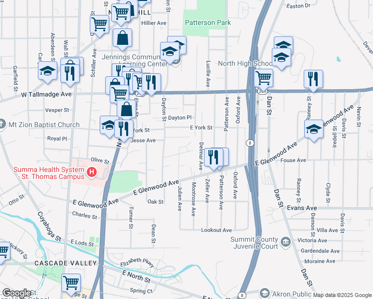 map of restaurants, bars, coffee shops, grocery stores, and more near 513 Julien Circle in Akron