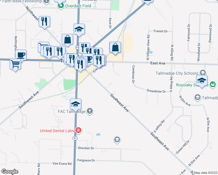 map of restaurants, bars, coffee shops, grocery stores, and more near 12 Southeast Avenue in Tallmadge