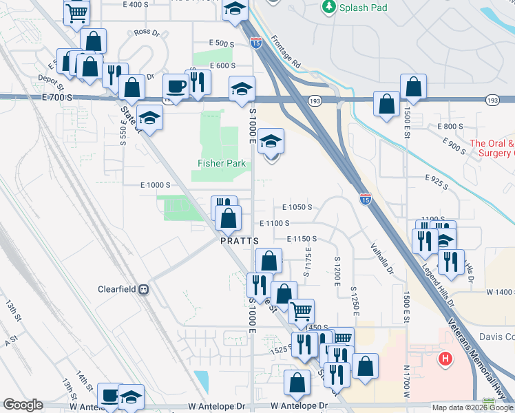 map of restaurants, bars, coffee shops, grocery stores, and more near 1091 South 1000 East in Clearfield