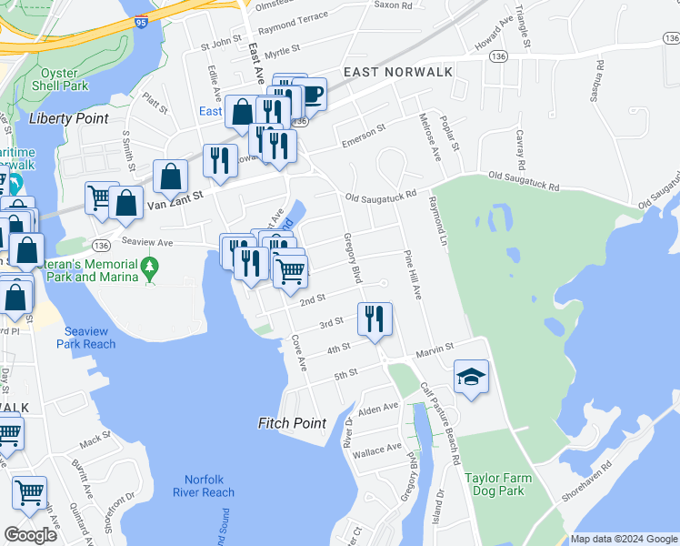 map of restaurants, bars, coffee shops, grocery stores, and more near in Norwalk